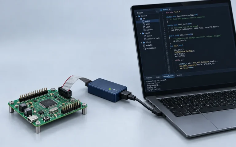 Wizualizacja programowania mikrokontrolera: płytka PCB połączona z debuggerem i komputerem z edytorem kodu C.